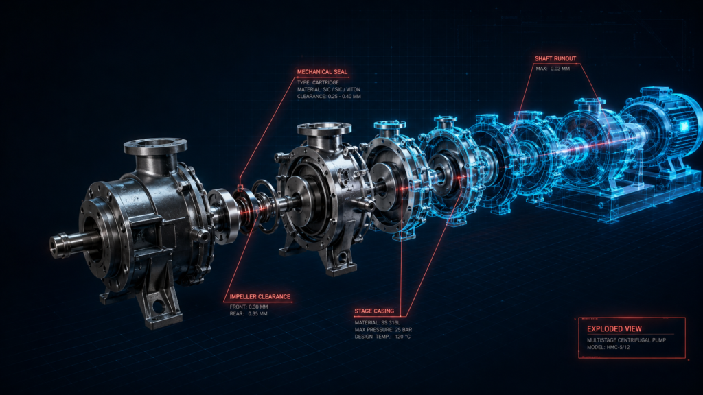 A highly detailed 3D exploded view of an industrial multistage centrifugal pump