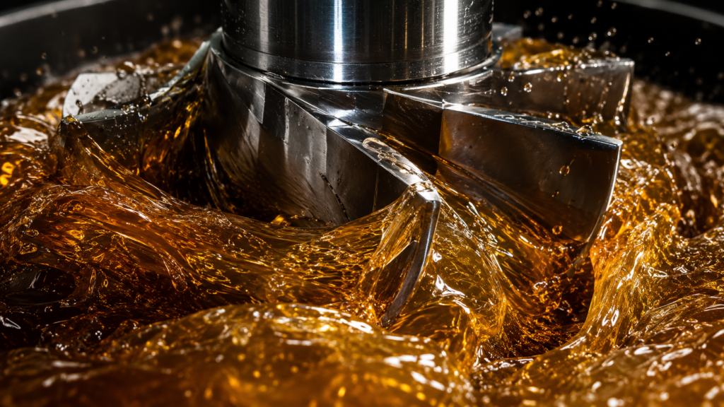 heavy-duty industrial shear pump blades cutting through a thick, high-viscosity translucent amber liquid